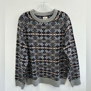 J. Crew Fair Isle Gray 100% lambswool crewneck sweater Long Sleeve Knit Size L